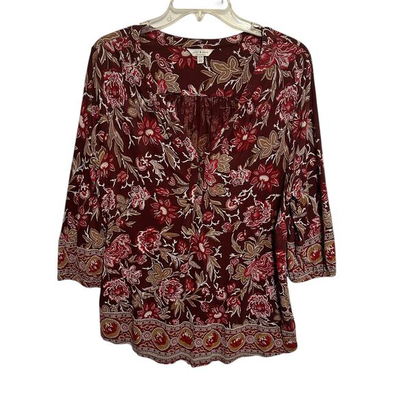 Lucky Brand Floral Border Top Womens Size 1X Burgundy V-Neck Peasant Boho Knit - Picture 1 of 7